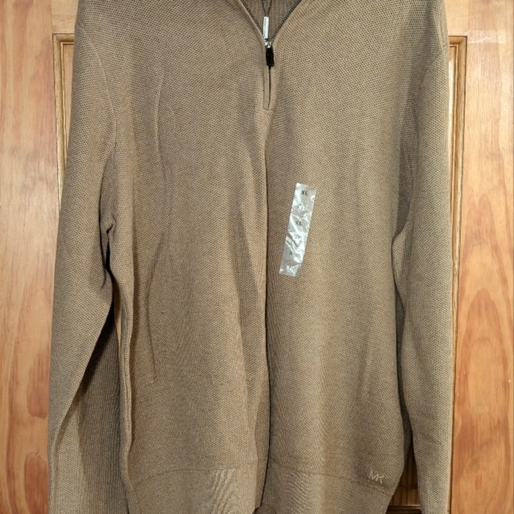 Michael Kors XL Tan Zip-Up Waffle Knit Sweater